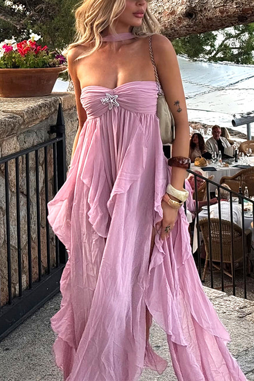Febedress Sleeveless Open Back Ruffle Trim Slit Maxi Dress