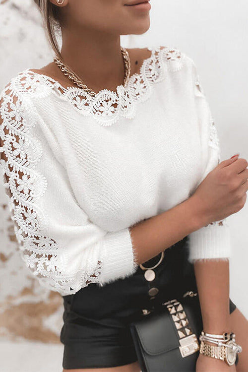 Febedress Hollow Out Lace Splice Long Sleeves Knit Top