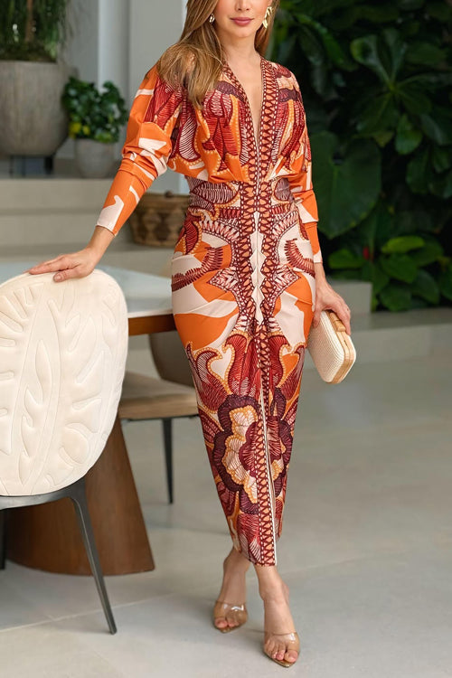 Febedress V Neck Long Sleeves Ruched Slit Printed Midi Dress