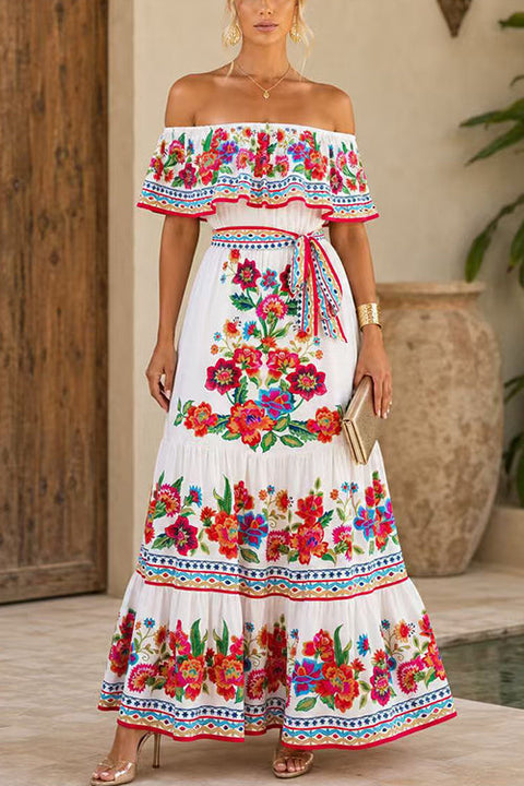 Febedress Off Shoulder Floral Print Ruffle Maxi Dress