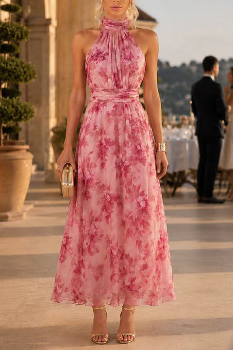 Febedress Sleeveless Zipper Back Waisted Floral Print Maxi Dress