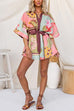 Lapel Button Up Tie Waist Floral Print Romper