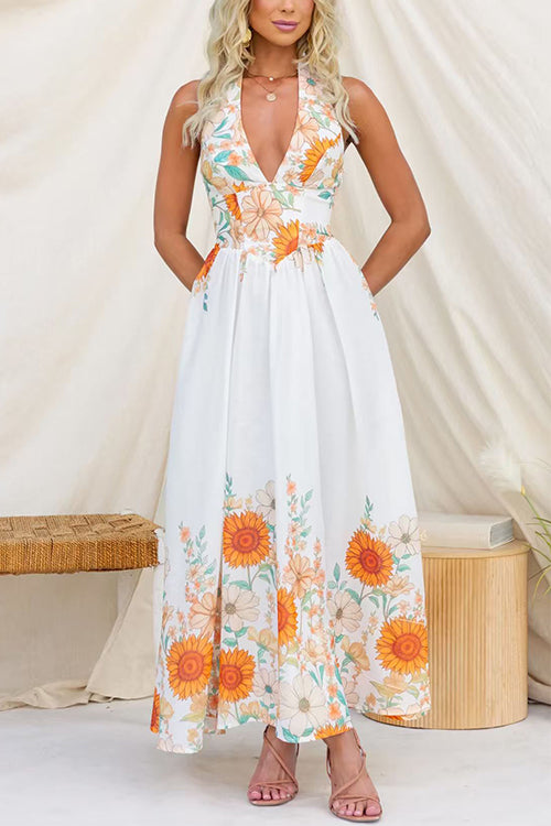 Halter V Neck Lace-up Backless Sunflower Print Maxi Dress
