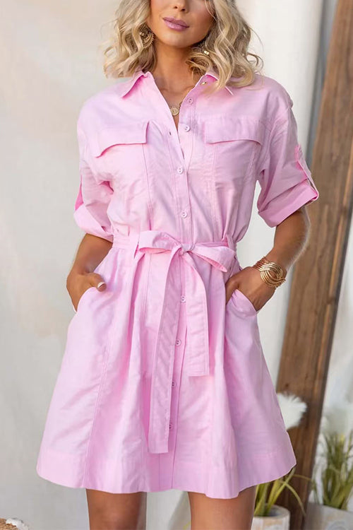 Rolled Up Sleeves Bow Waist Pocketed Mini Shift Dress