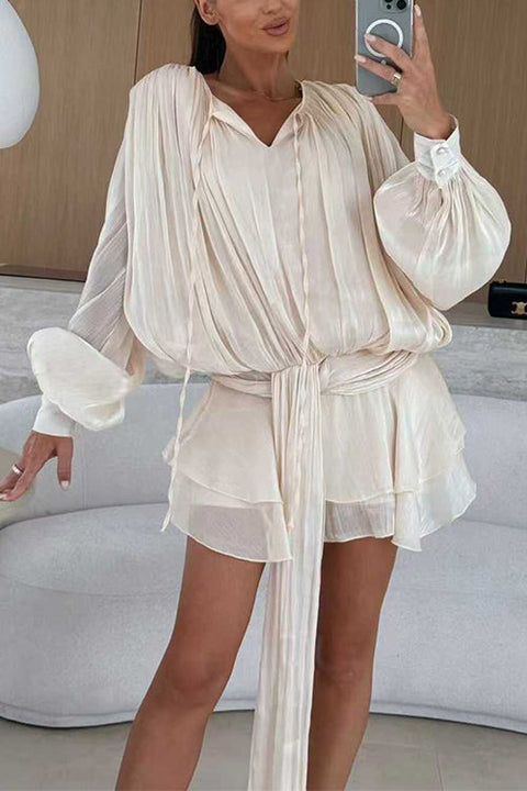 Febedress Lantern Long Sleeves Draped Ruffle Layered Mini Dress with Shorts