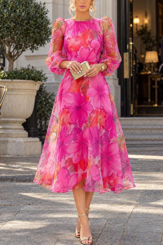 Febedress Floral Print Long Sleeve A-Line Organza Midi Dress
