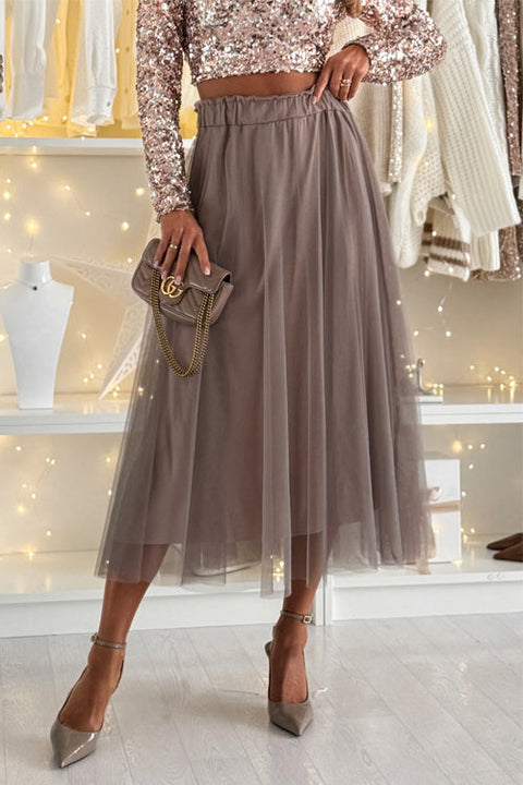 Febedress Solid Elastic Waist Mesh A-line Midi Skirt