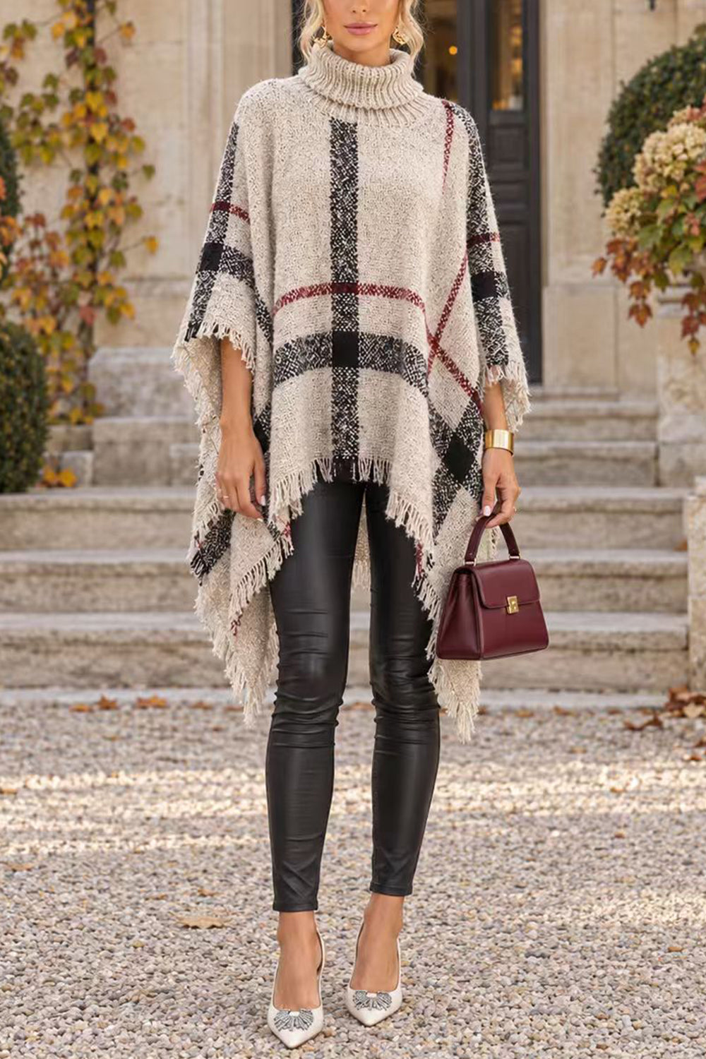 Febedress Chicest Tassel Lattice Cloak Poncho Sweater (A)