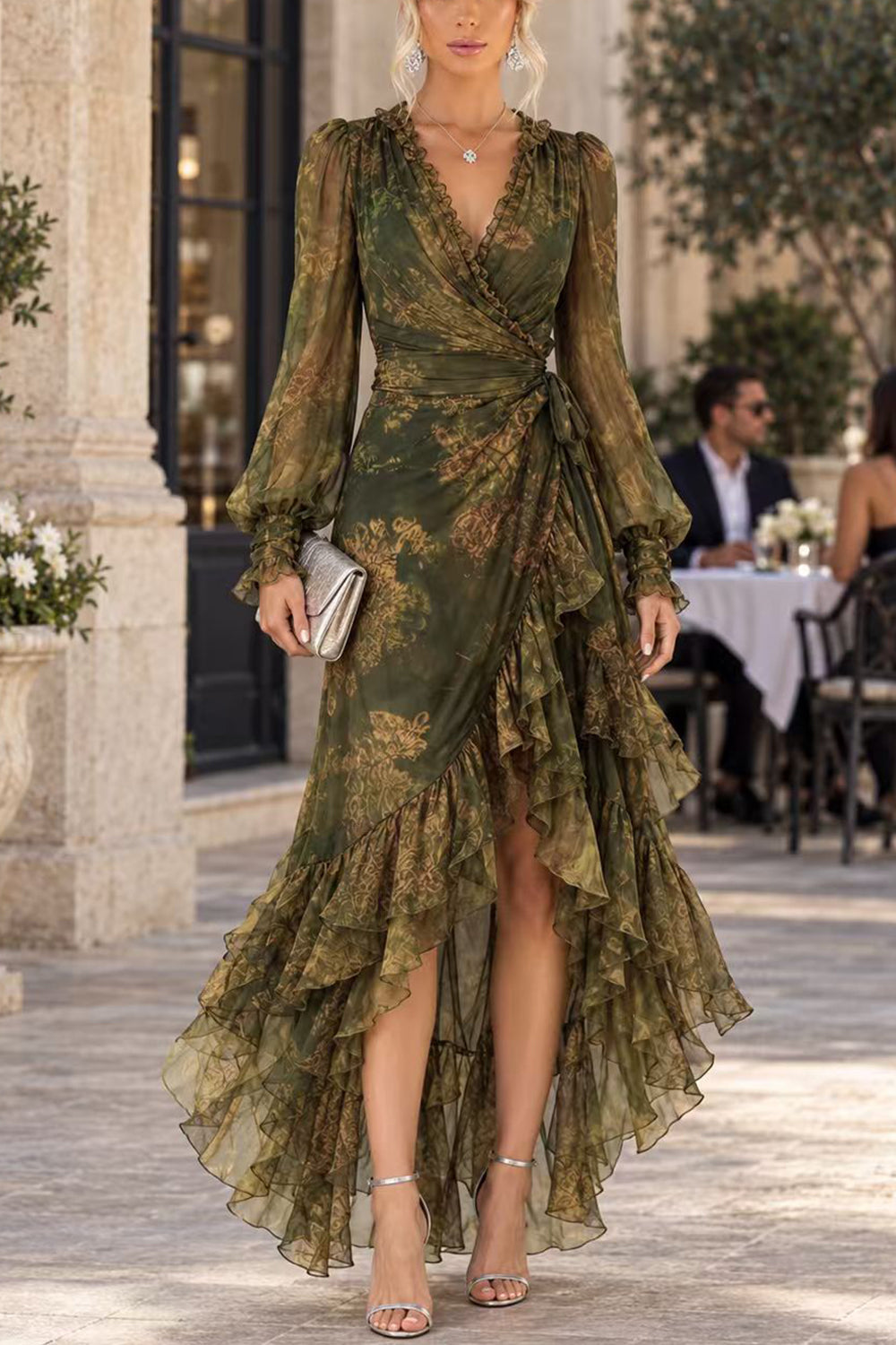 Febedress V Neck Long Sleeves Printed Wraped Ruffle Maxi Dress
