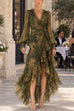 Febedress V Neck Long Sleeves Printed Wraped Ruffle Maxi Dress