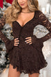 V Neck Bell Long Sleeves Ruffle Lace Mini Dress