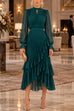 Febedress Mock Neck Sheer Sleeve Pleated Ruffle High-Low Midi Dress (D)