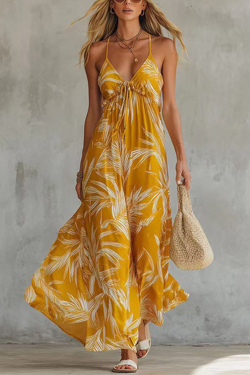 Febedress Spaghetti Strap V Neck Printed Chiffon Maxi Dress