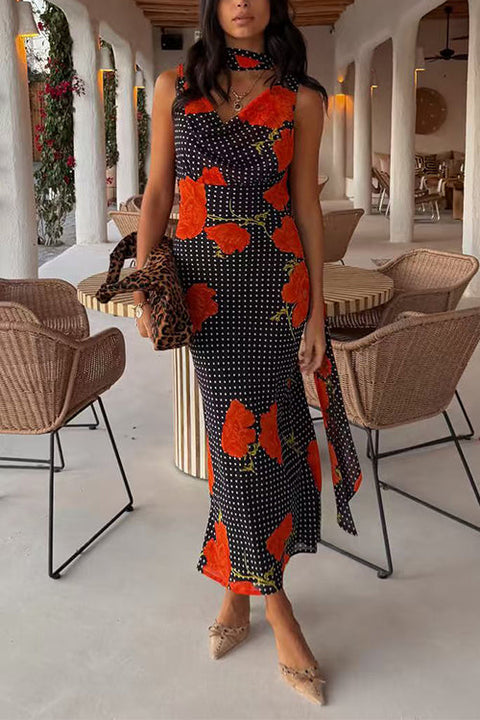 Febedress Cowl Neck Backless Floral Print Maxi Dress with Scarf