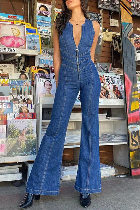 Febedress Zip Up Sleeveless Heart Back Bell Bottom Denim Jumpsuit