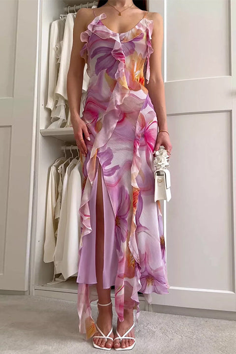 Febedress V Neck Backless Ruffle Trim Slit Floral Print Maxi Cami Dress