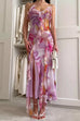 Febedress V Neck Backless Ruffle Trim Slit Floral Print Maxi Cami Dress
