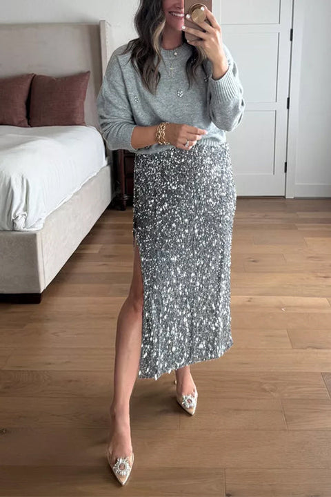Febedress Side Slit Glitter Sequin Midi Skirt