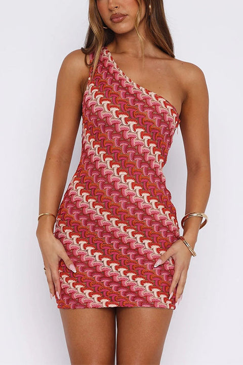Febedress One Shoulder Sleeveless Color Block Crochet Mini Dress