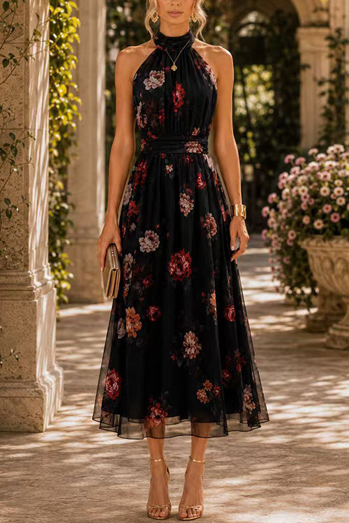 Febedress Sleeveless High Waist Floral Print Flowy Midi Dress