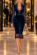 Febedress V Neck Long Sleeves Lace Splice Velvet Midi Dress