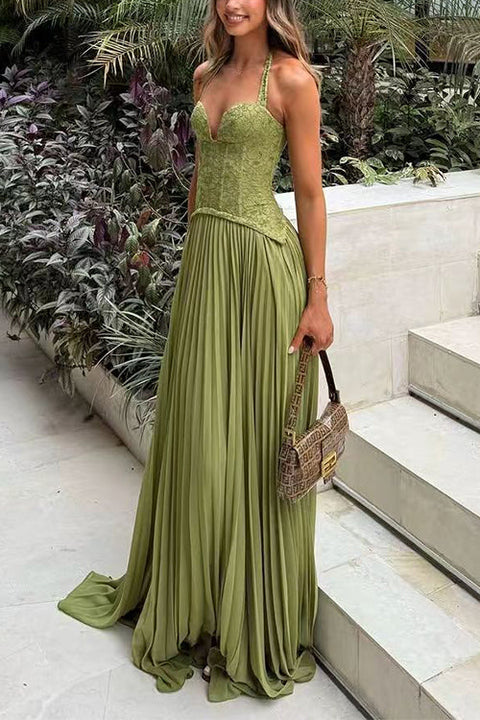 Febedress Halter Neck Back Lace-up Pleated Maxi Dress