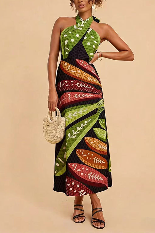 Febedress Halter Neck Backless Fish Print Maxi Dress