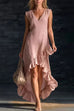 Febedress V Neck Sleeveless High Low Hem Ruffle Maxi Dress