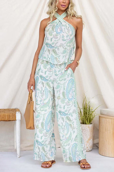 Elastic Waist Paisley Print Pocketed Wide Leg Pants