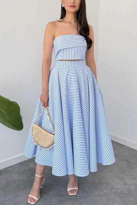 Striped Strapless Tube Crop Top High Rise Pocketed Midi Skirt Set