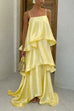 Febedress Adjustable Strap Ruffle Layered Satin Maxi Dress