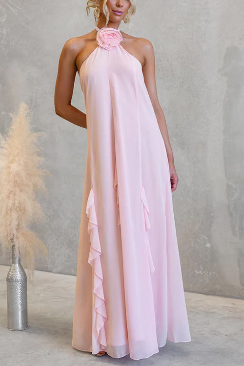 Halter Neck Open Back Ruffle Trim Maxi Dress