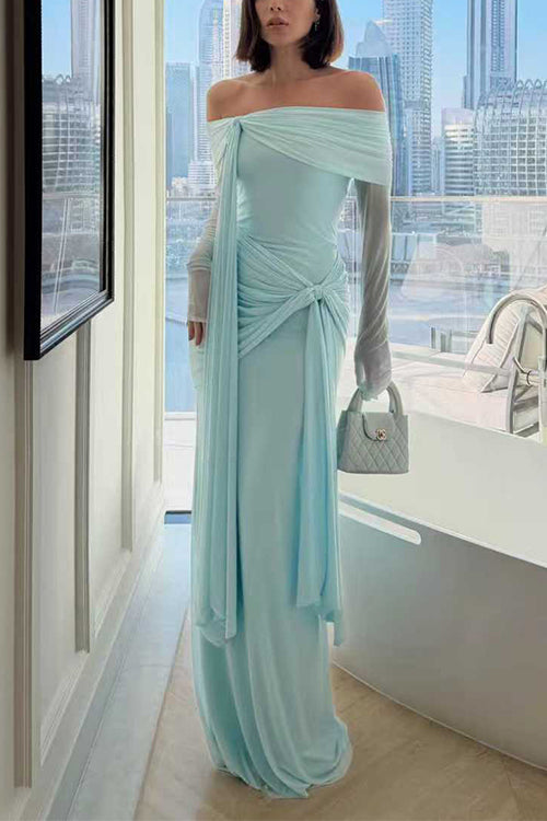 Febedress Off Shoulder Long Sleeves Knot Waist Draped Maxi Dress
