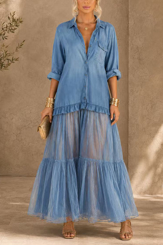 Febedress Lapel Long Sleeves Organza Splice Ruffle Denim Maxi Dress
