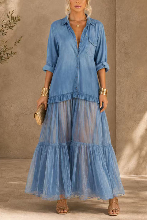 Febedress Lapel Long Sleeves Organza Splice Ruffle Denim Maxi Dress