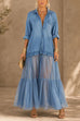 Febedress Lapel Long Sleeves Organza Splice Ruffle Denim Maxi Dress