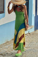 Febedress V Neck Backless Color Block Maxi Cami Dress