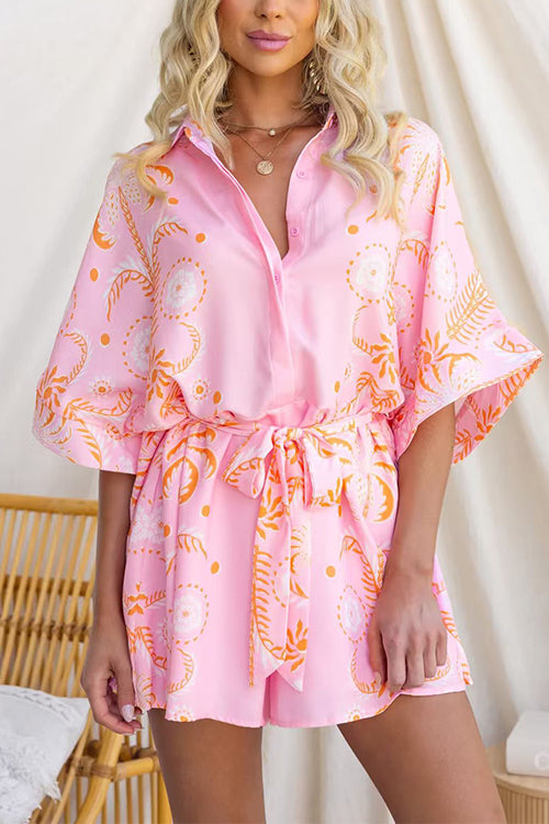Short Sleeves Button Up Bow Waist Floral Print Romper
