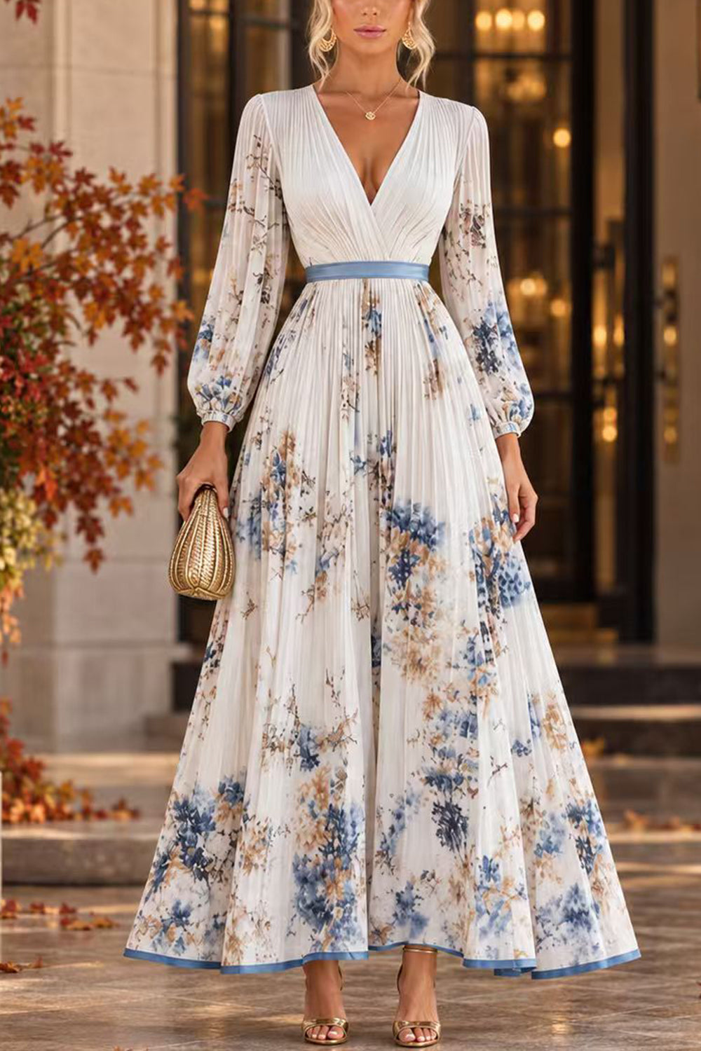 Febedress V Neck Lantern Long Sleeves Floral Print Pleated Maxi Dress (A)
