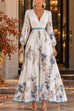 Febedress V Neck Lantern Long Sleeves Floral Print Pleated Maxi Dress (A)