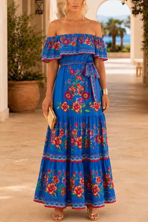 Febedress Off Shoulder Bow Waist Floral Print Ruffle Maxi Dress