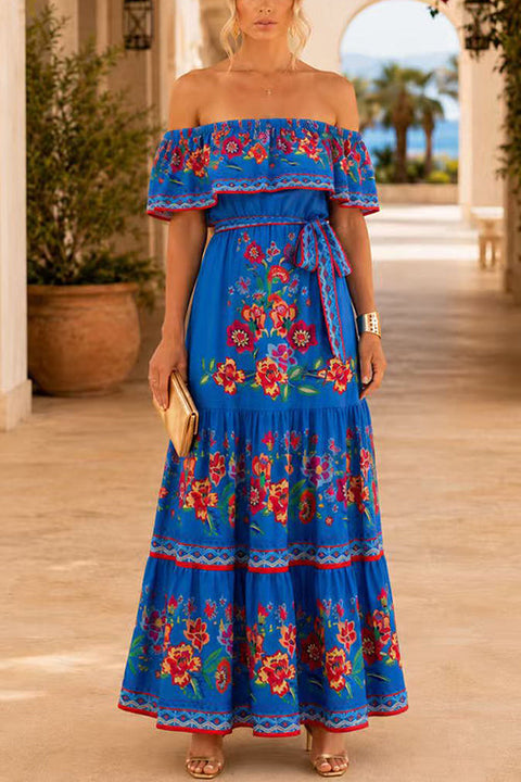 Febedress Off Shoulder Bow Waist Floral Print Ruffle Maxi Dress