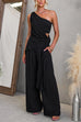 One Shoulder Irregular Hem Top High Rise Pocketed Wide Leg Pants Set