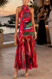 Mockneck Sleeveless Ruched Printed Maxi Dress