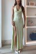 Febedress Halter V Neck Backless Slit Rose Applique Knit Maxi Dress