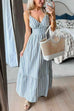 Spaghetti Strap V Neck Striped Ruffle Hem Maxi Dress