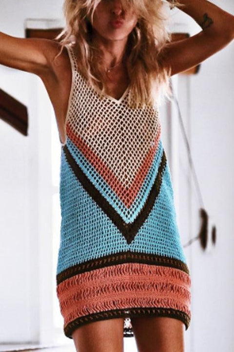 Febedress Color Block Hollow Out Beach Cover Up