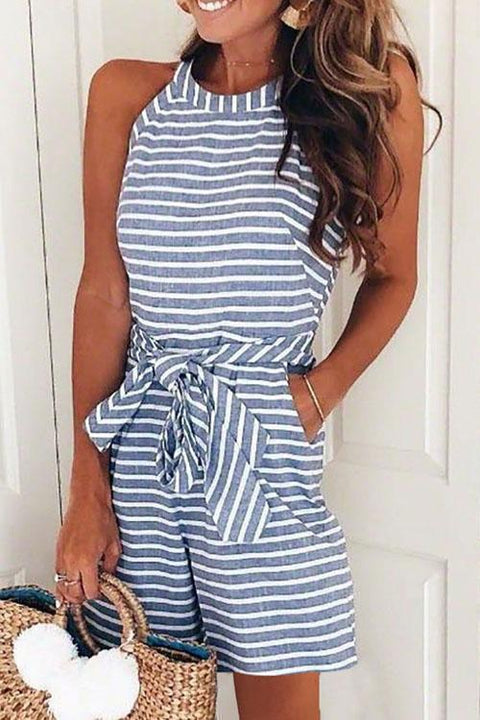Febedress Bow-knot Sleeveless Striped Romper