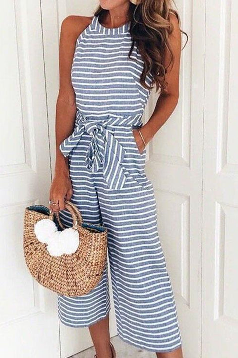 Febedress Crewneck Sleeveless Striped Bow-Knot Wide Leg Jumpsuit