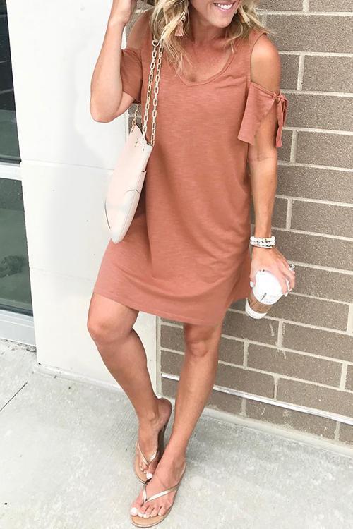 Febedress V Neck Cold Shoulder Solid T Shirt Dress